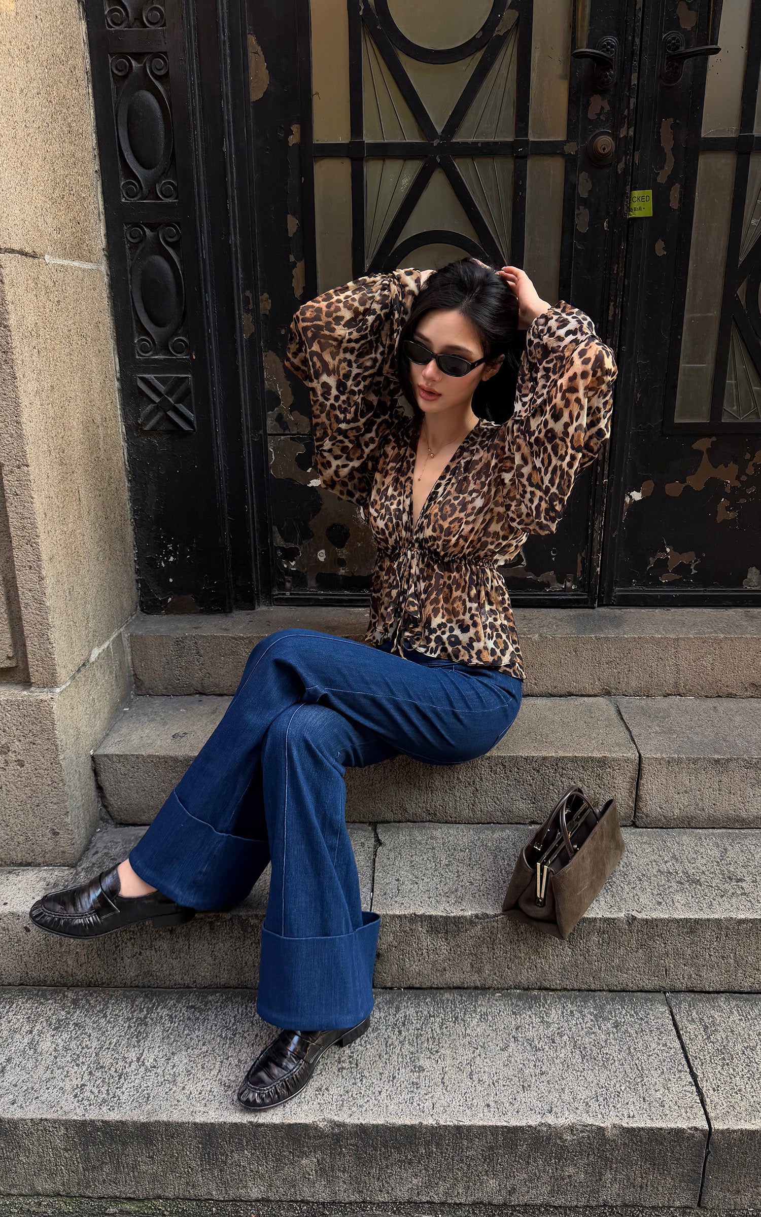 ROVENTE Leopard Chiffon Deep V Ruched Tie-Front Flared Blouse