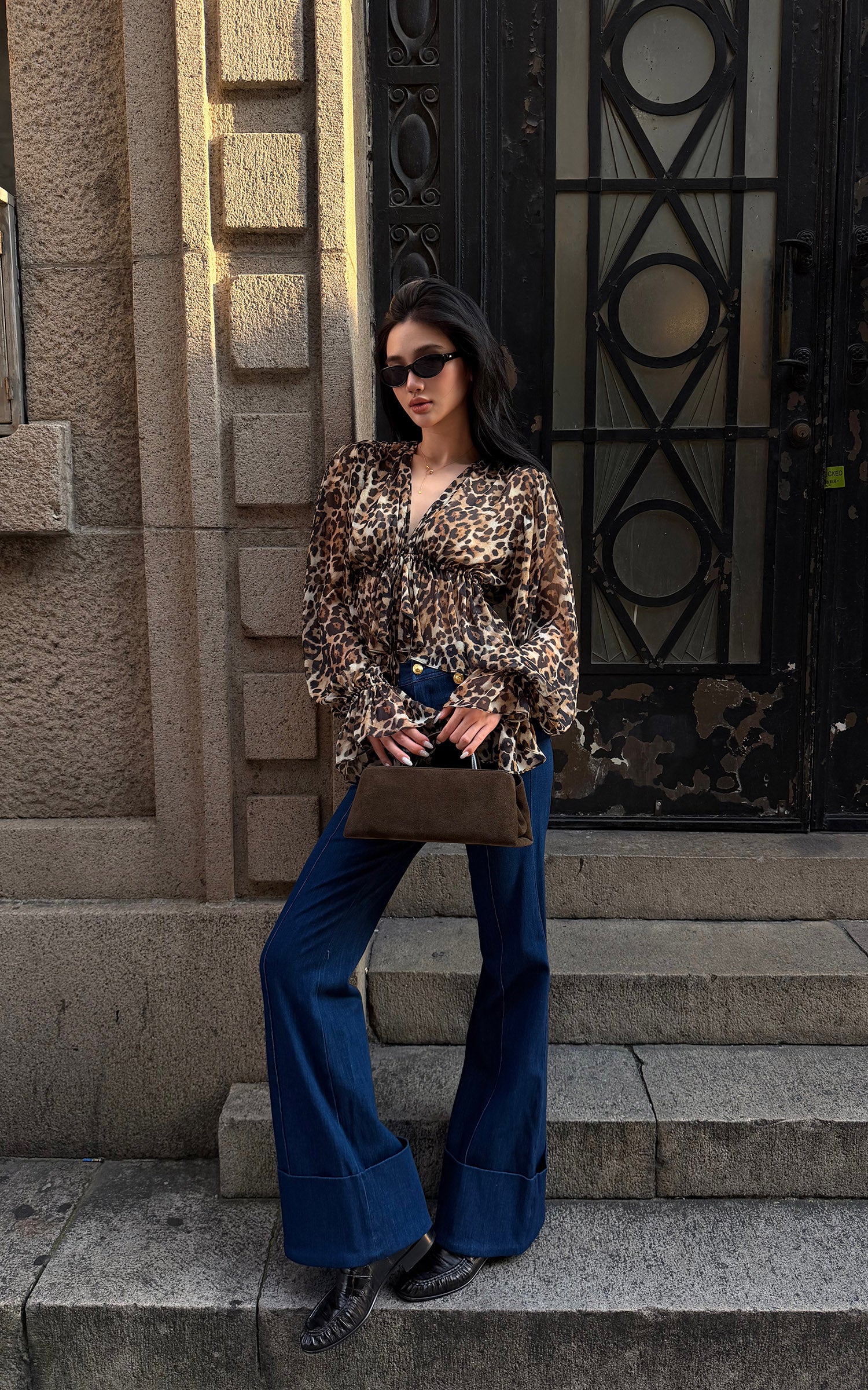 ROVENTE Leopard Chiffon Deep V Ruched Tie-Front Flared Blouse