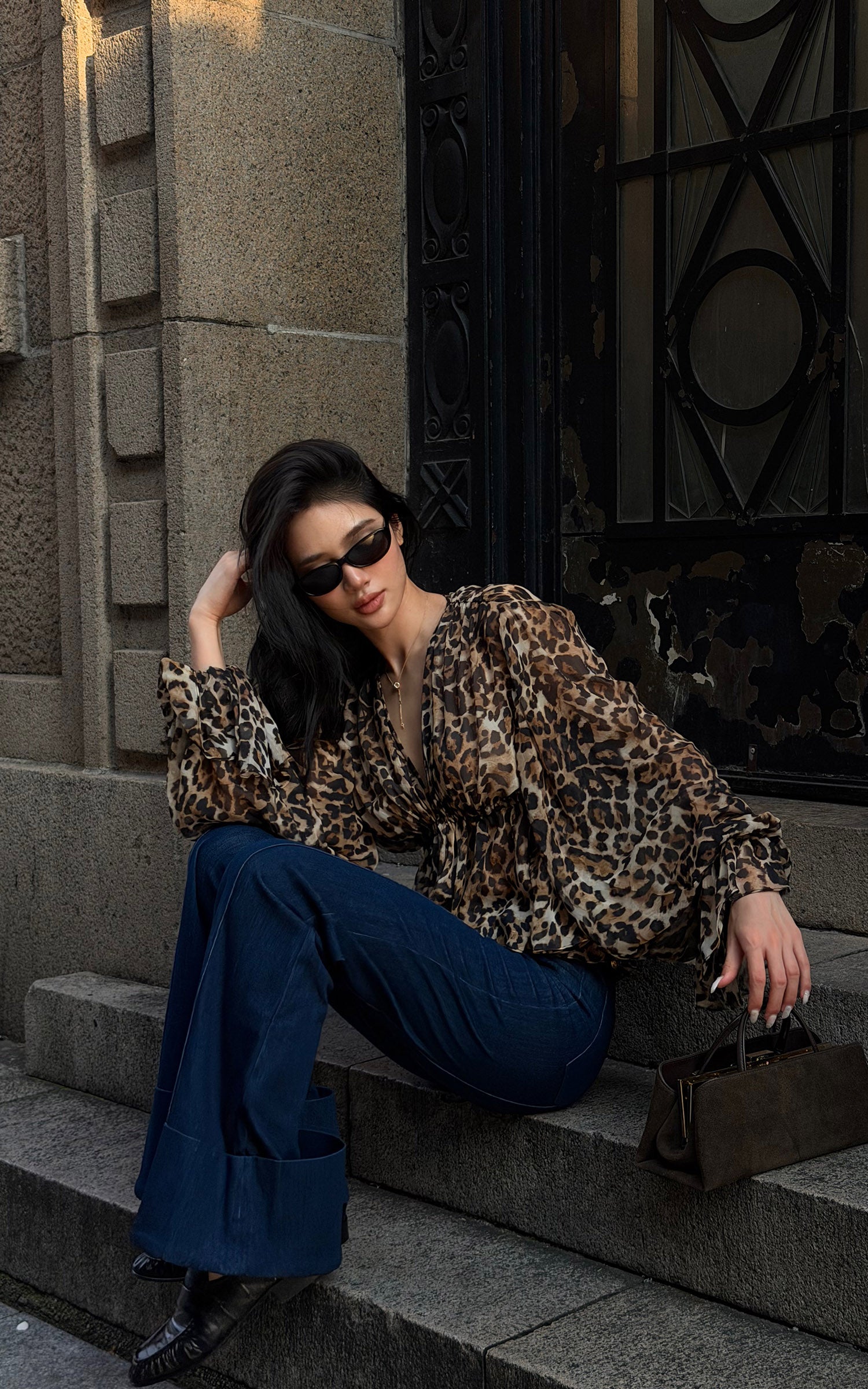ROVENTE Leopard Chiffon Deep V Ruched Tie-Front Flared Blouse