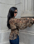 ROVENTE Leopard Chiffon Deep V Ruched Tie-Front Flared Blouse