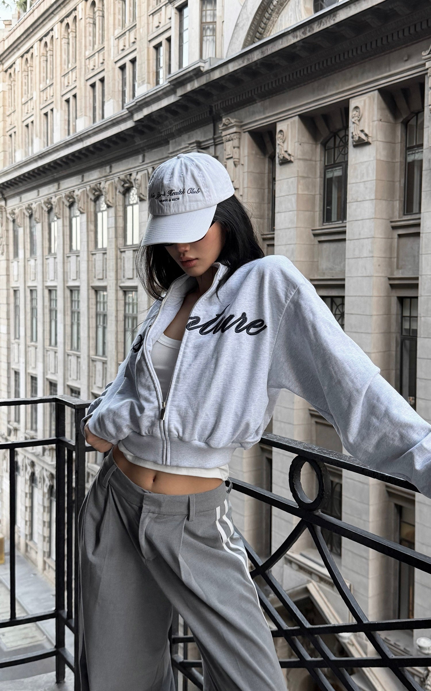 ROVENTE Cropped Zip Jacket and Mini Shorts Set with Embroidered Script Detail and Relaxed Sporty Silhouette