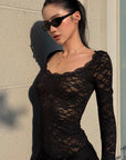 ROVENTE Floral Lace Sheer Long Sleeve Top with Sculpted Slim Fit and Romantic Modern Silhouette