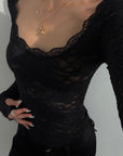ROVENTE Floral Lace Sheer Long Sleeve Top with Sculpted Slim Fit and Romantic Modern Silhouette