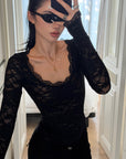 ROVENTE Floral Lace Sheer Long Sleeve Top with Sculpted Slim Fit and Romantic Modern Silhouette