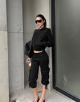 ROVENTE Relaxed Cropped Cargo Pants with Adjustable Drawstring Hem and Utility Pocket Design