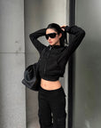 ROVENTE Cropped Hooded Utility Jacket with Zip Front and Structured Pocket Detail