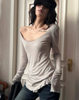 WARDEN EDGE Raw Seam Wool Layered Scoop Neck Long Sleeve Top
