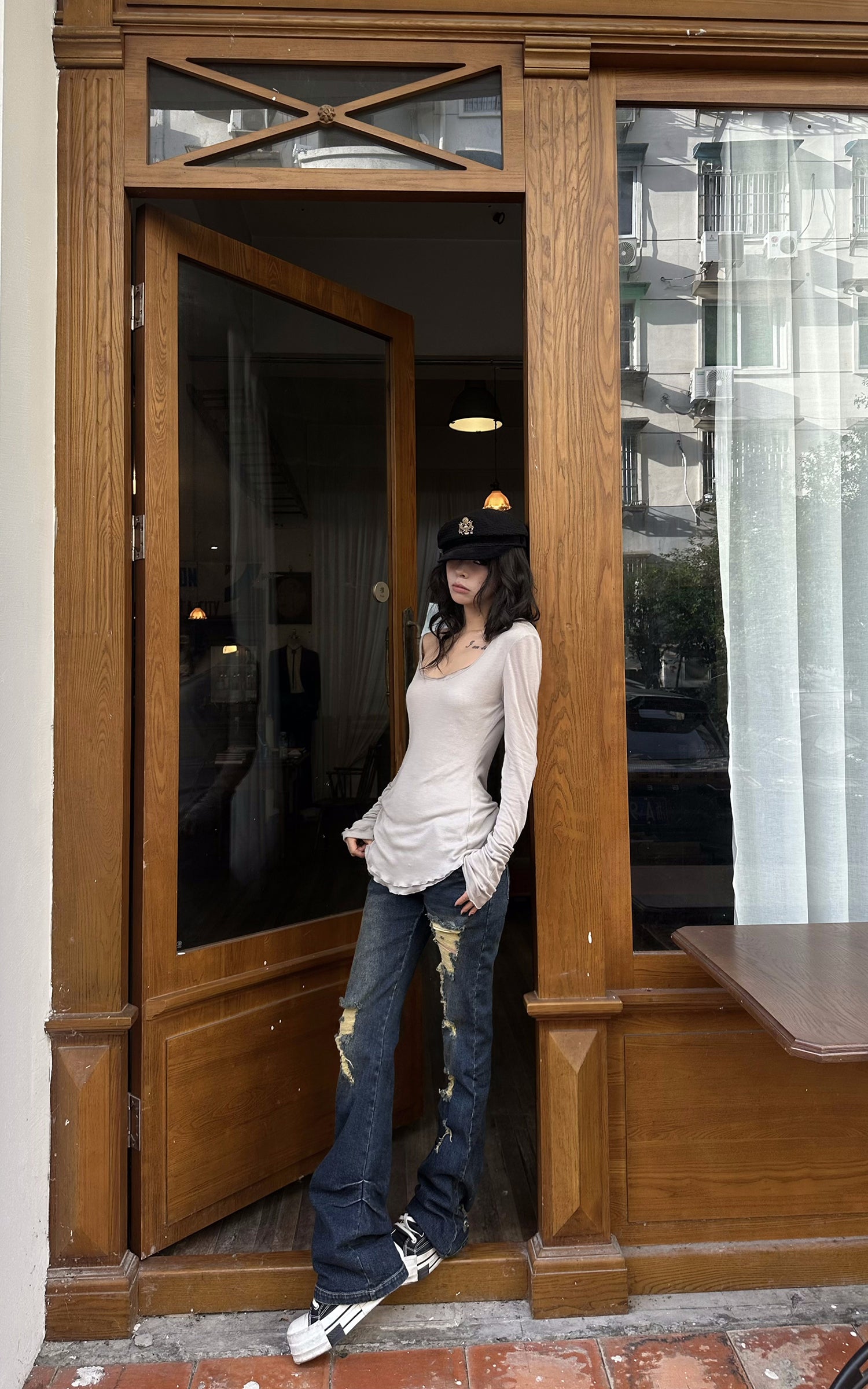 WARDEN EDGE Raw Seam Wool Layered Scoop Neck Long Sleeve Top