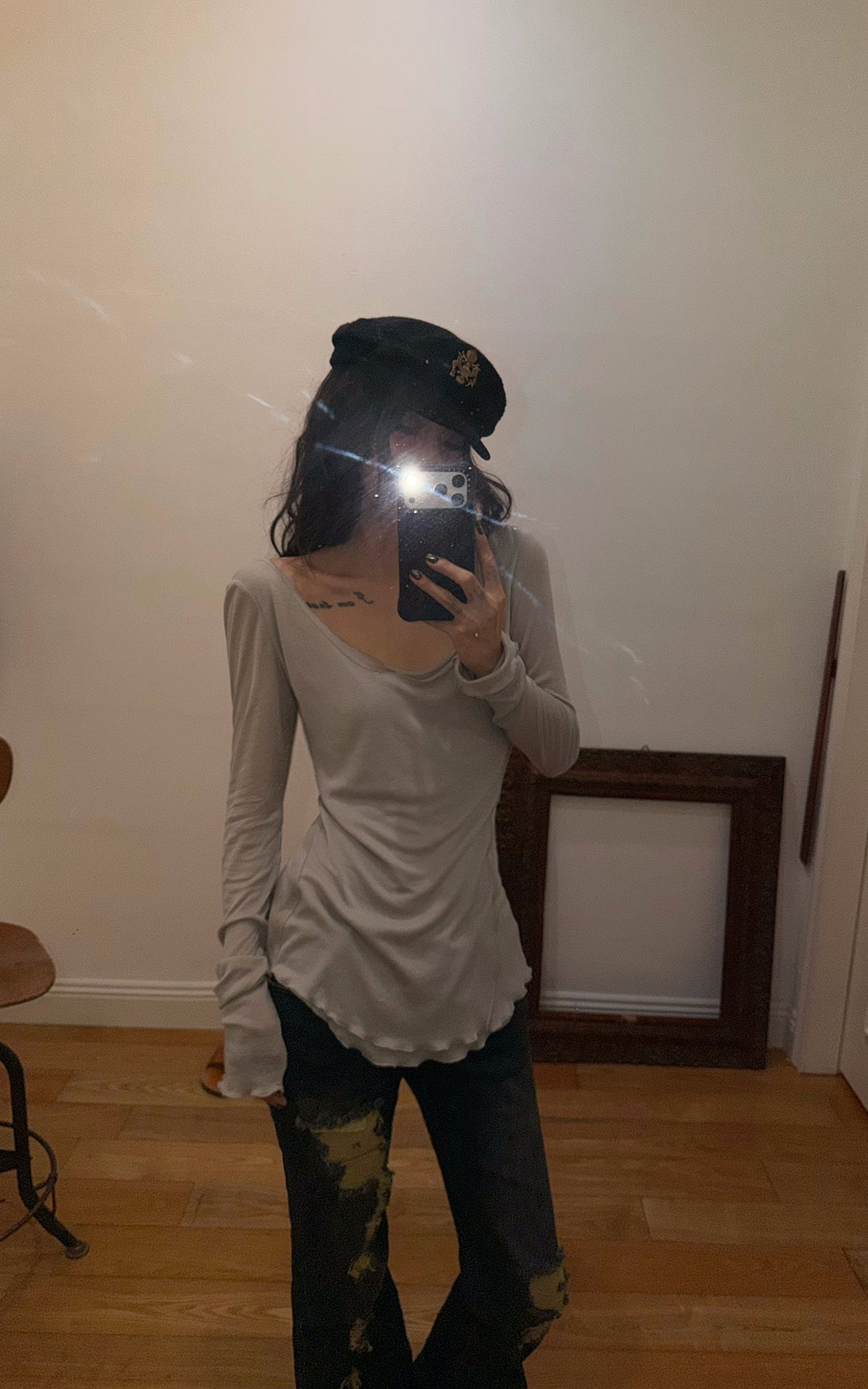 WARDEN EDGE Raw Seam Wool Layered Scoop Neck Long Sleeve Top