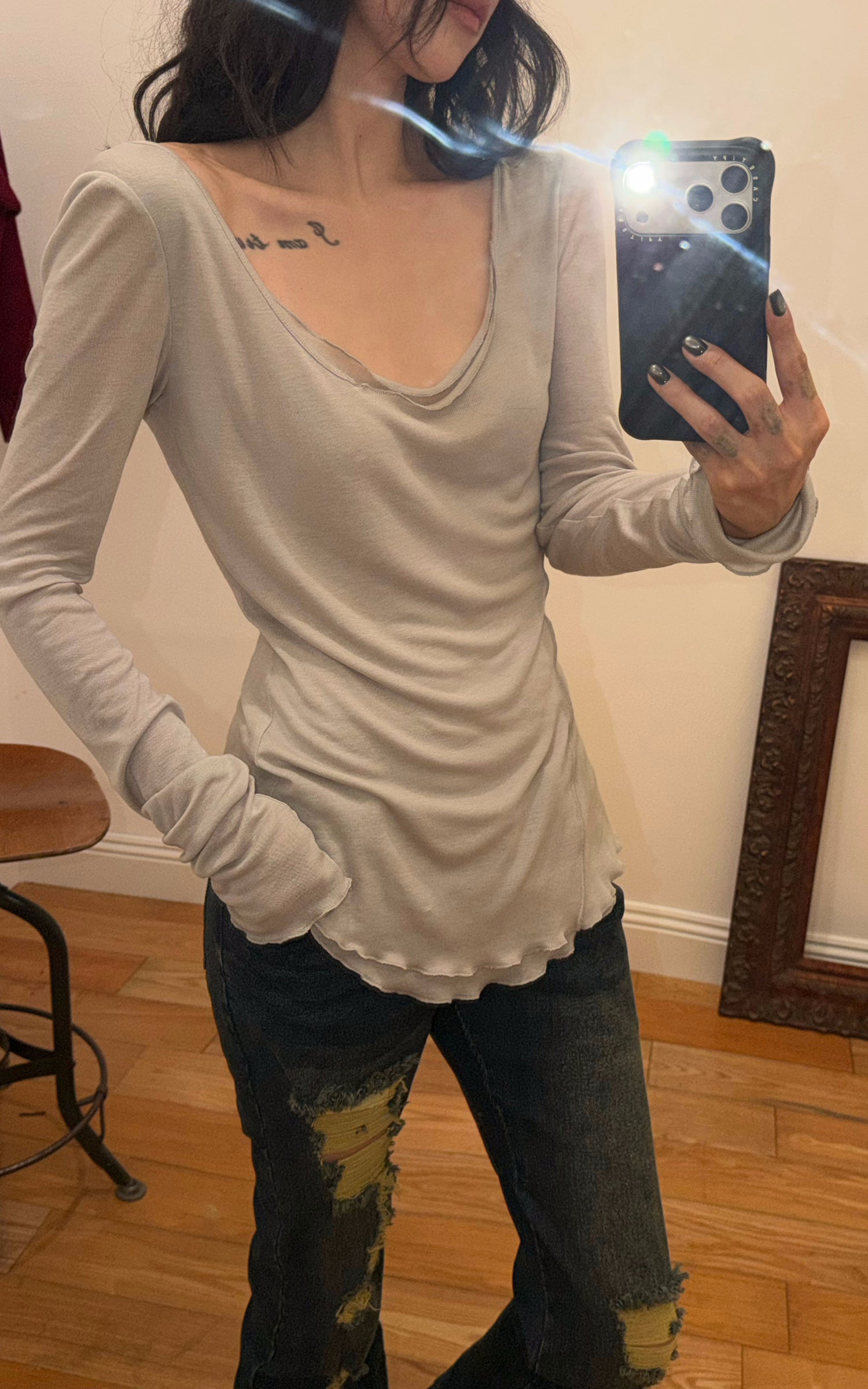 WARDEN EDGE Raw Seam Wool Layered Scoop Neck Long Sleeve Top