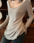 WARDEN EDGE Raw Seam Wool Layered Scoop Neck Long Sleeve Top
