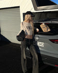 Rase le sol T-shirt à manches longues asymétrique à une épaule avec imprimé photo