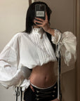 WARDEN EDGE Victorian Ruffle Collar Cropped Blouse with Lace Sleeve Details