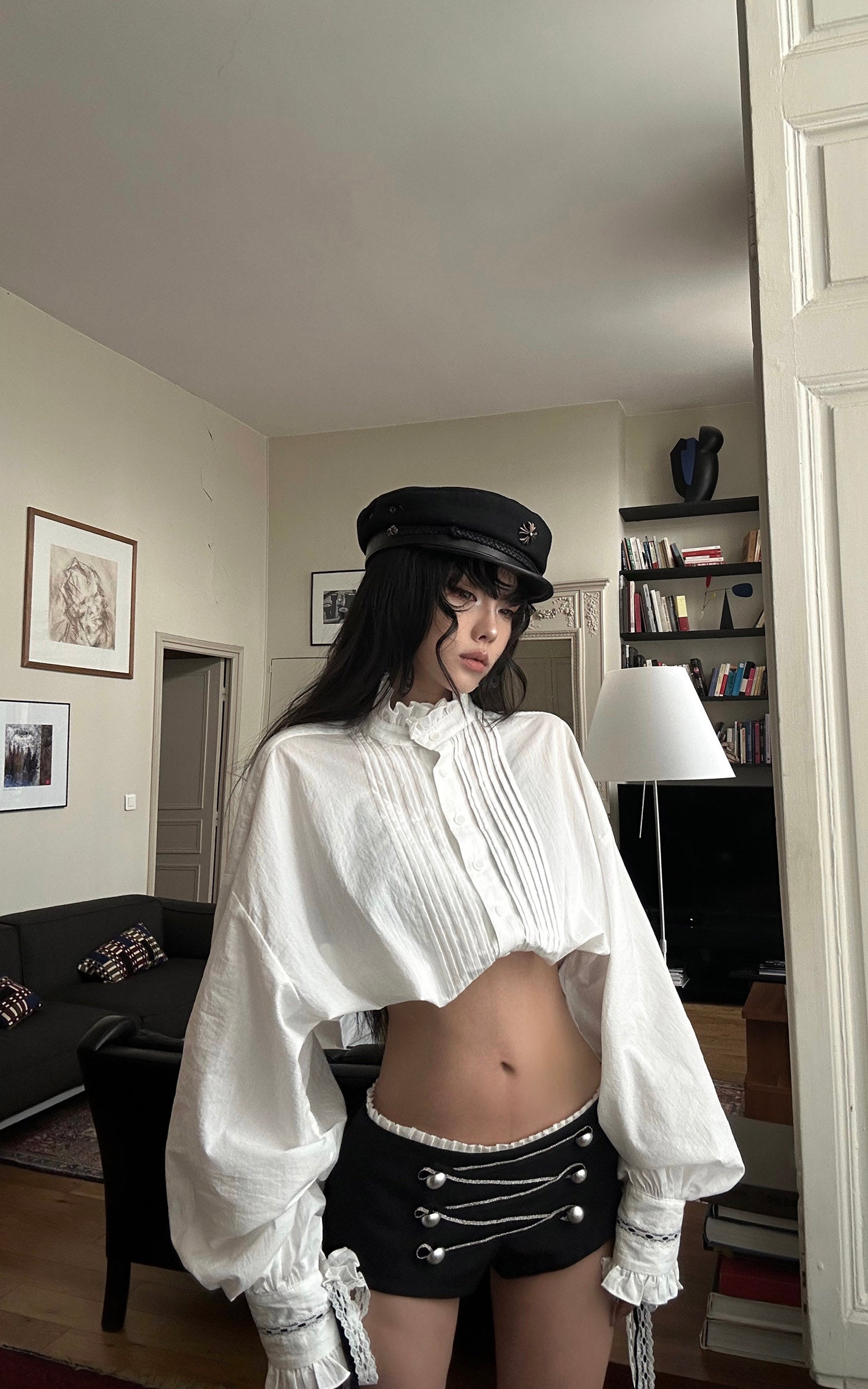 WARDEN EDGE Victorian Ruffle Collar Cropped Blouse with Lace Sleeve Details