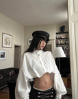 WARDEN EDGE Victorian Ruffle Collar Cropped Blouse with Lace Sleeve Details