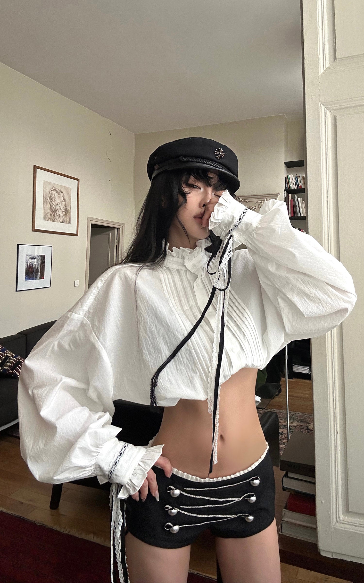 WARDEN EDGE Victorian Ruffle Collar Cropped Blouse with Lace Sleeve Details