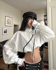 WARDEN EDGE Victorian Ruffle Collar Cropped Blouse with Lace Sleeve Details