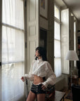 WARDEN EDGE Victorian Ruffle Collar Cropped Blouse with Lace Sleeve Details