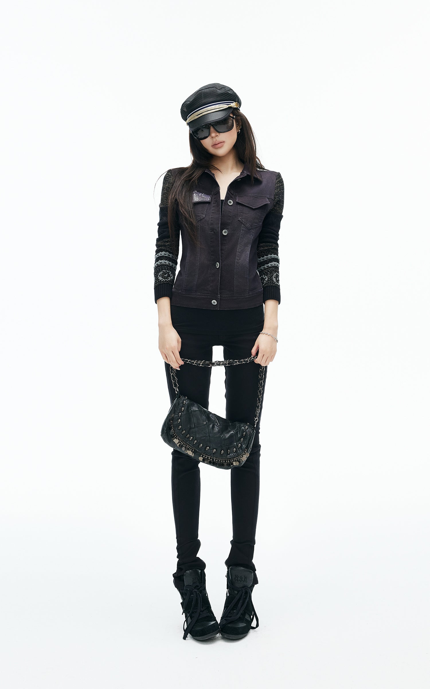 IAMXIAA Sequin-Pocket Knit Sleeve Denim Jacket