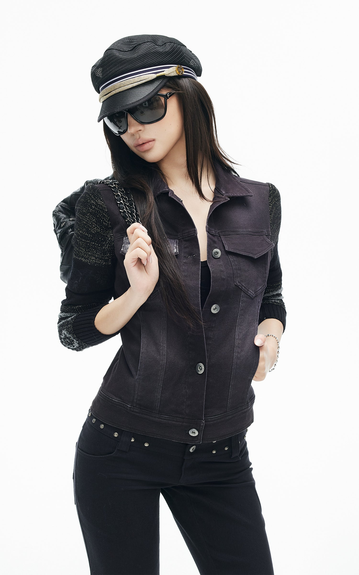 IAMXIAA Sequin-Pocket Knit Sleeve Denim Jacket