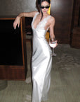 ROVENTE Lace-Trim Lace-Up Satin Maxi Dress
