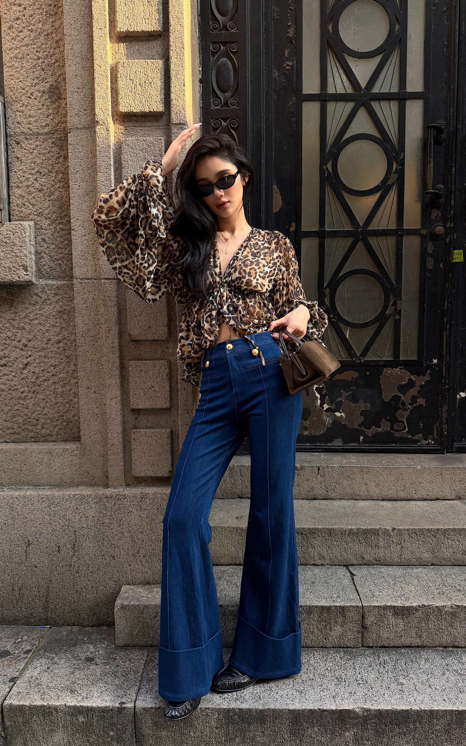 ROVENTE Leopard Chiffon Deep V Ruched Tie-Front Flared Blouse