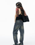 IAMXIAA Vintage Wash Grommet Baggy Jeans