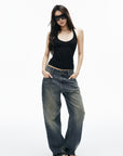 IAMXIAA Vintage Wash Grommet Baggy Jeans