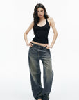 IAMXIAA Vintage Wash Grommet Baggy Jeans
