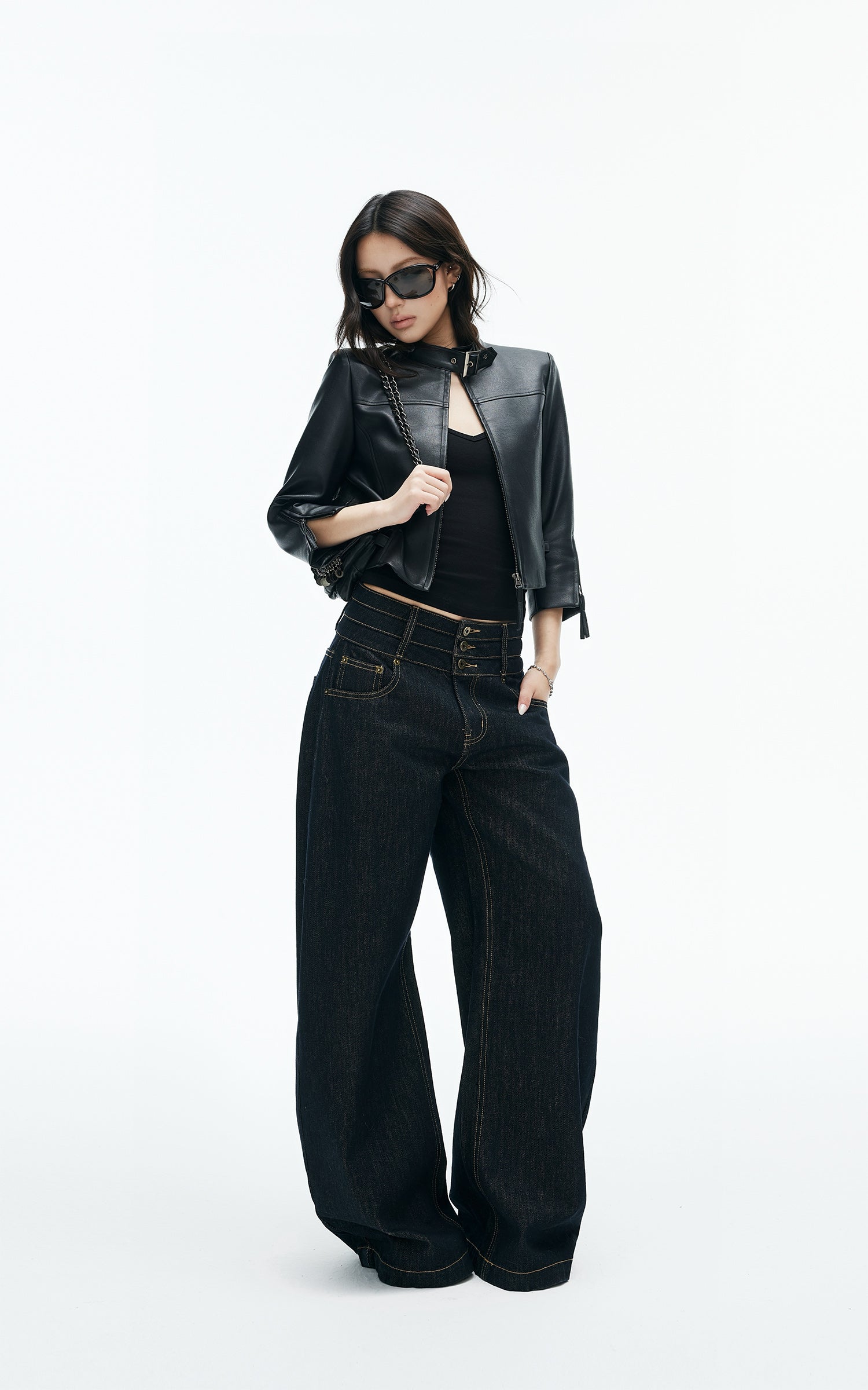 IAMXIAA Buckle-Neck Cropped Faux Leather Jacket