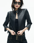 IAMXIAA Buckle-Neck Cropped Faux Leather Jacket