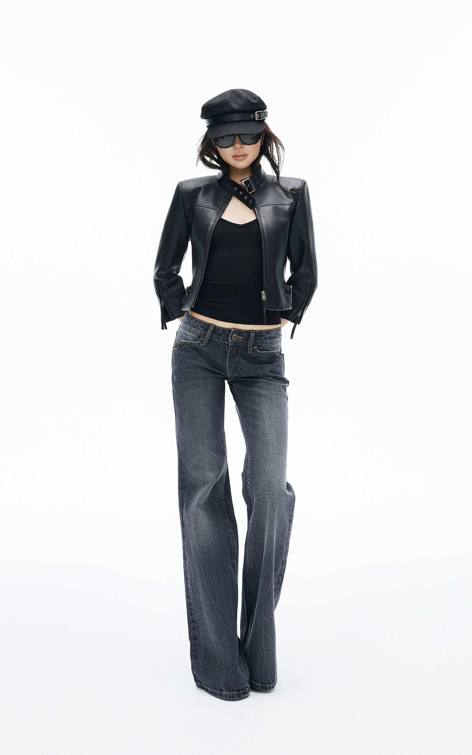 IAMXIAA Buckle-Neck Cropped Faux Leather Jacket