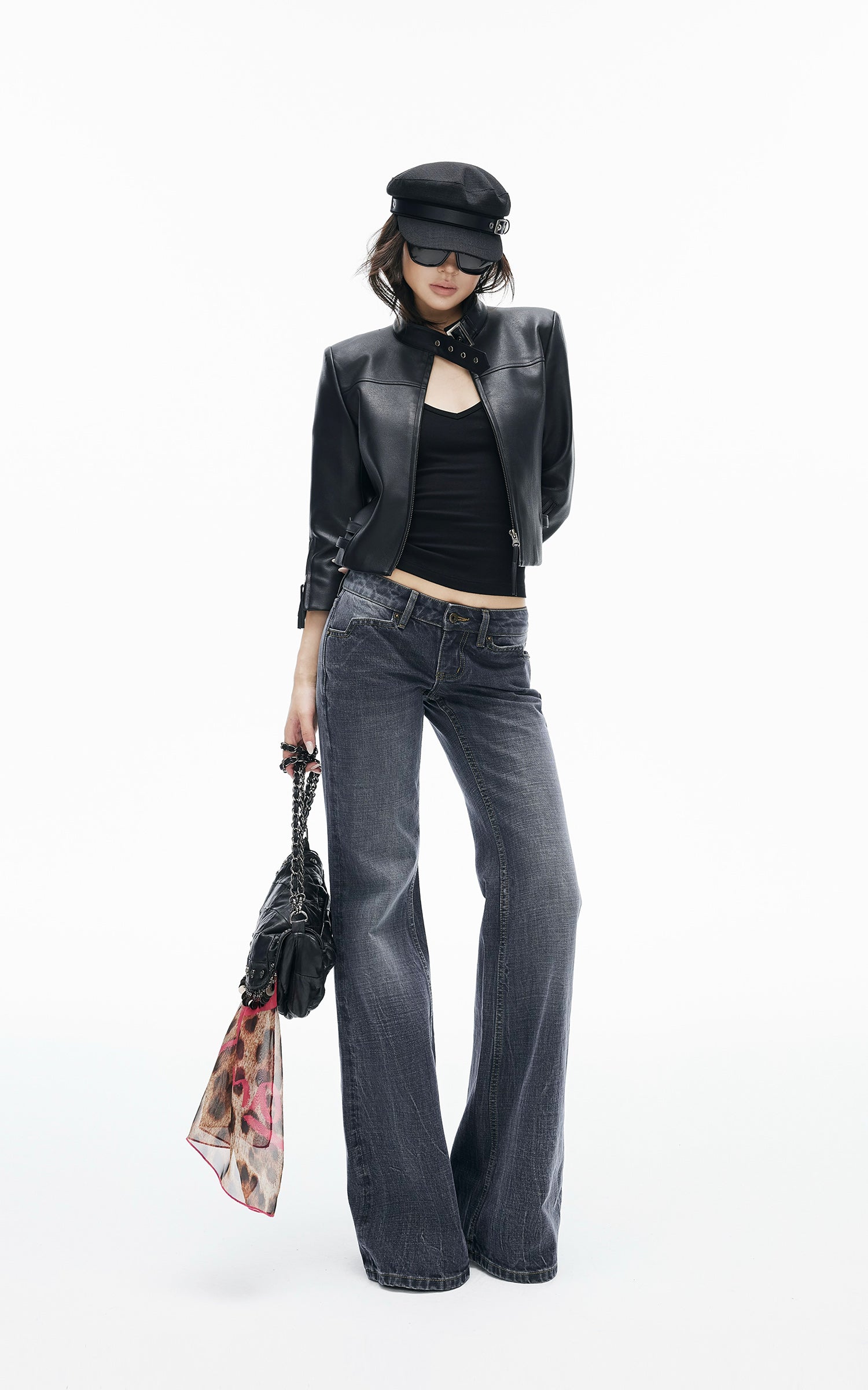IAMXIAA Buckle-Neck Cropped Faux Leather Jacket