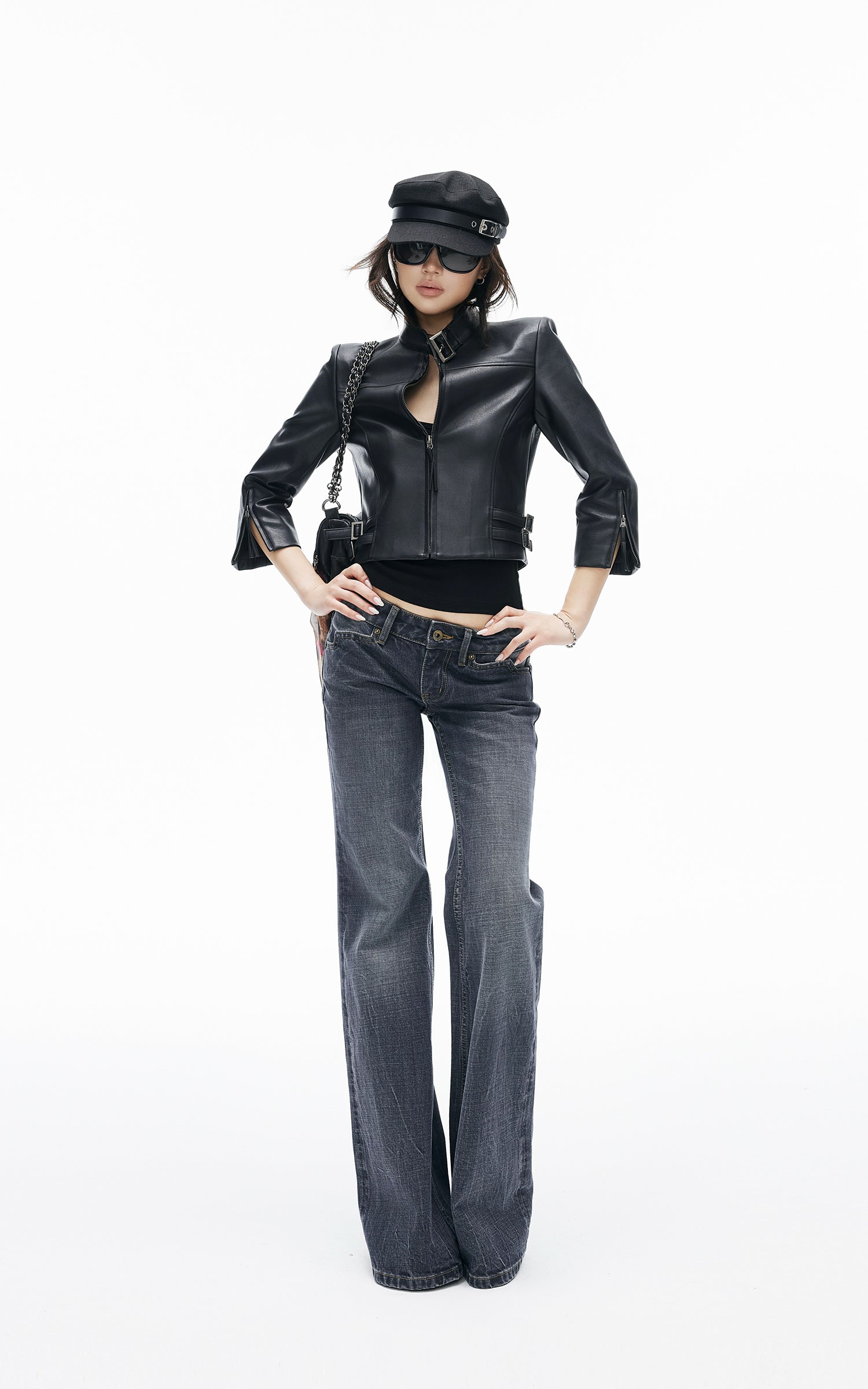 IAMXIAA Buckle-Neck Cropped Faux Leather Jacket