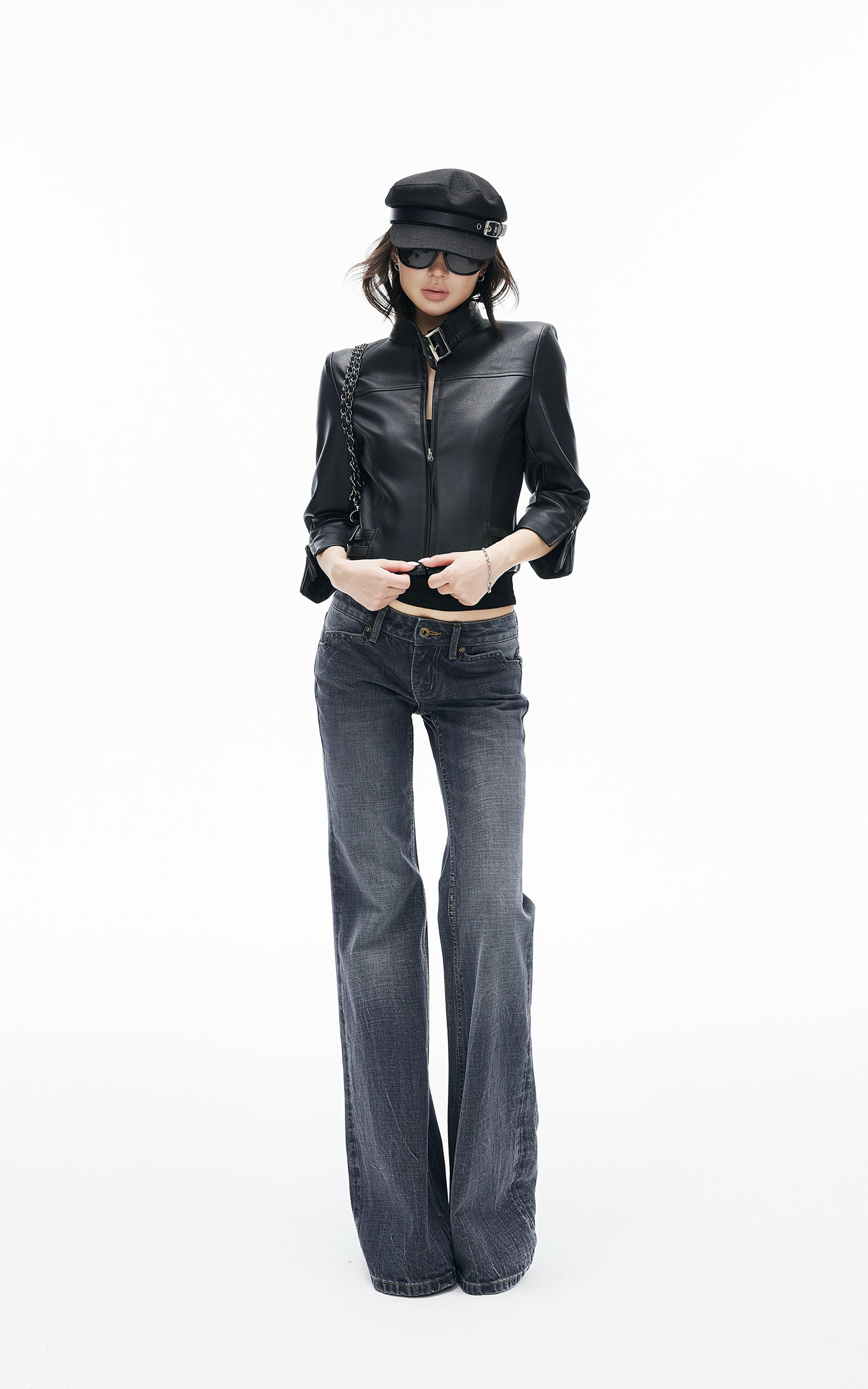 IAMXIAA Buckle-Neck Cropped Faux Leather Jacket