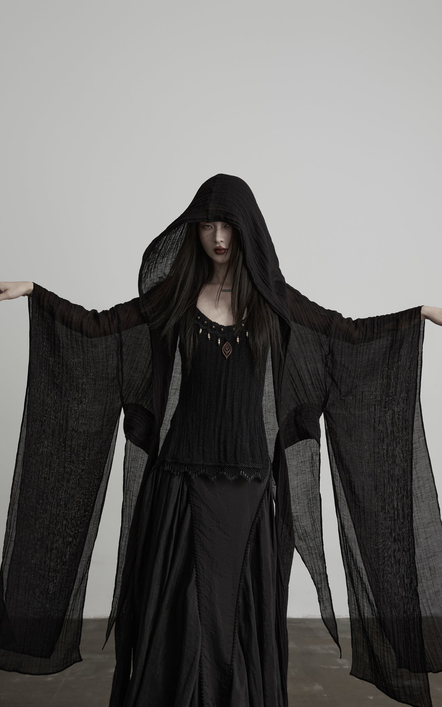 DOINDULGE Pleated Hooded Sheer Layered Outerwear