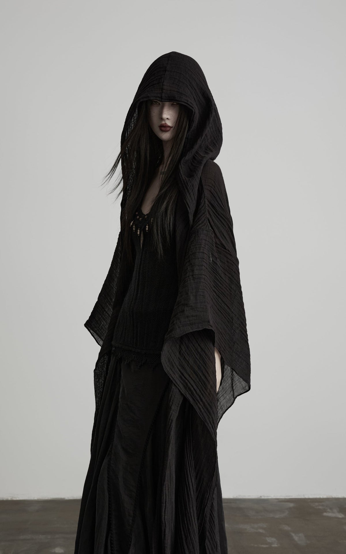 DOINDULGE Pleated Hooded Sheer Layered Outerwear