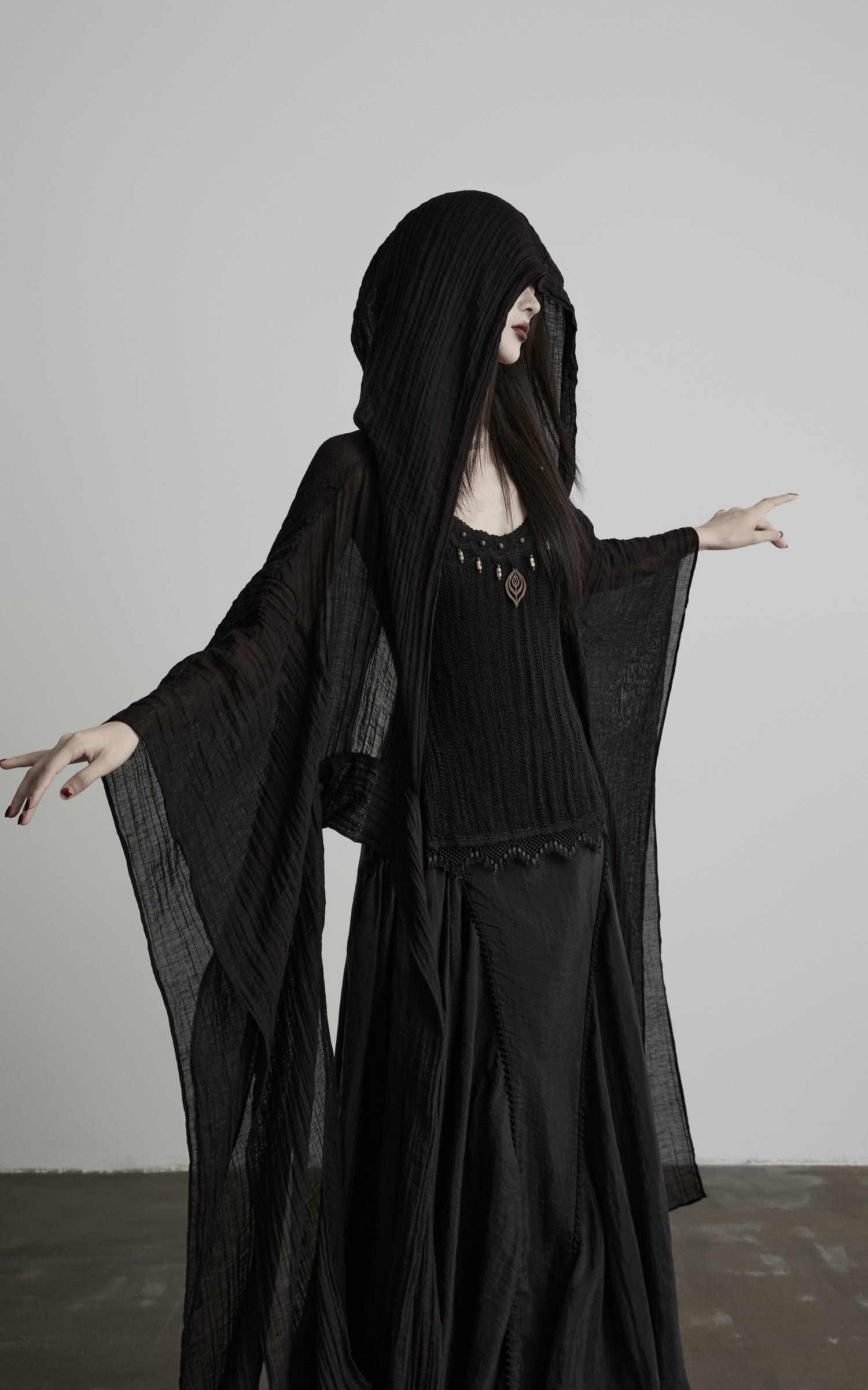 DOINDULGE Pleated Hooded Sheer Layered Outerwear