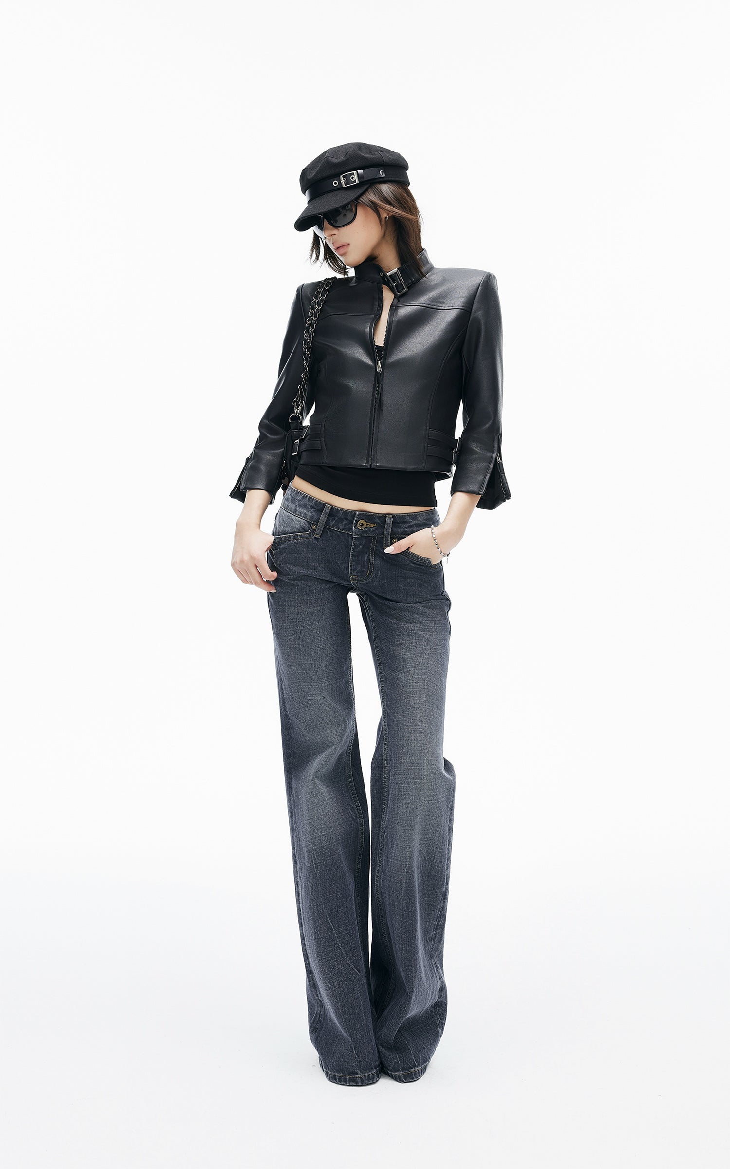 IAMXIAA Buckle-Neck Cropped Faux Leather Jacket