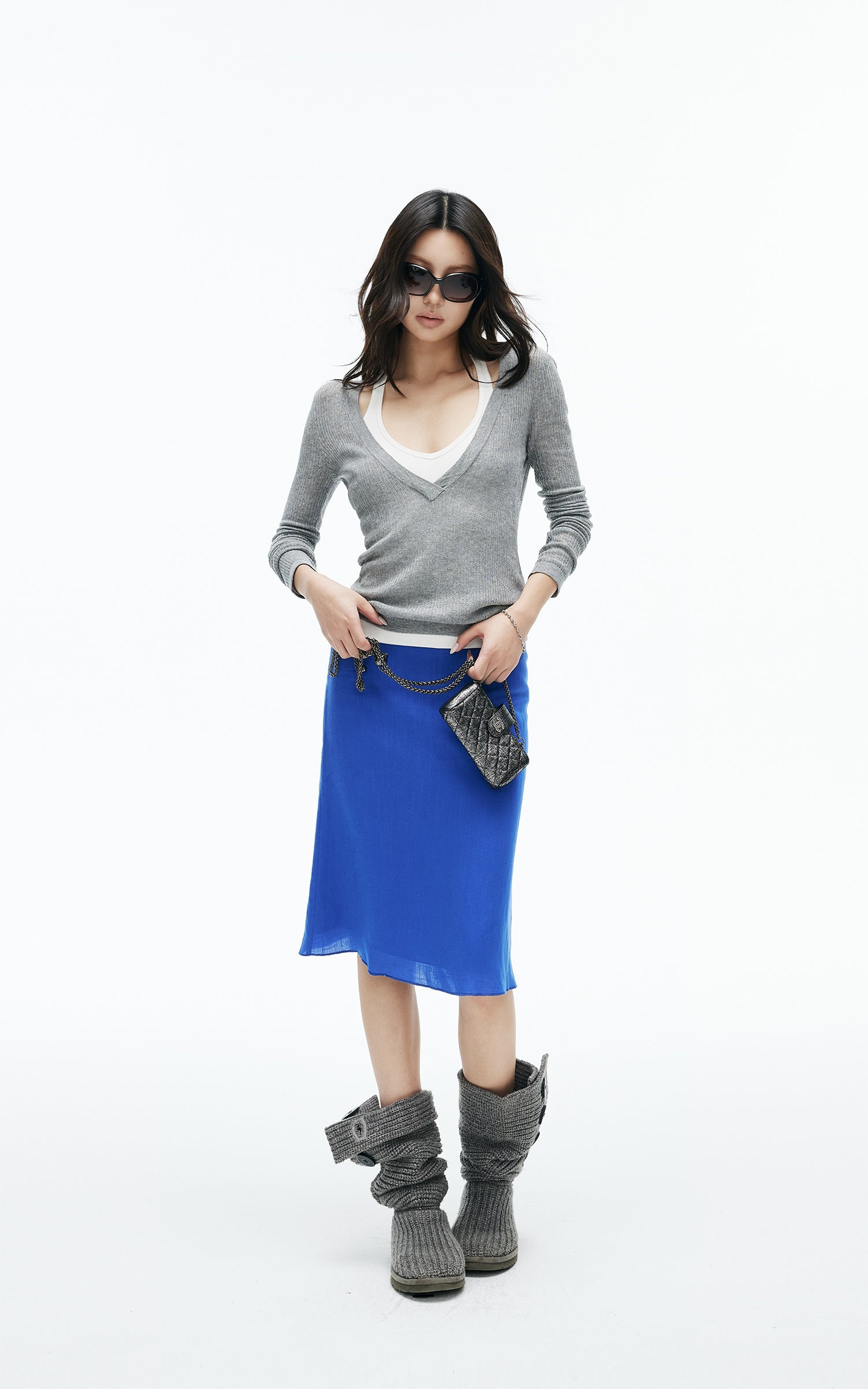 IAMXIAA Deep V-Neck Sheer Knit Sweater