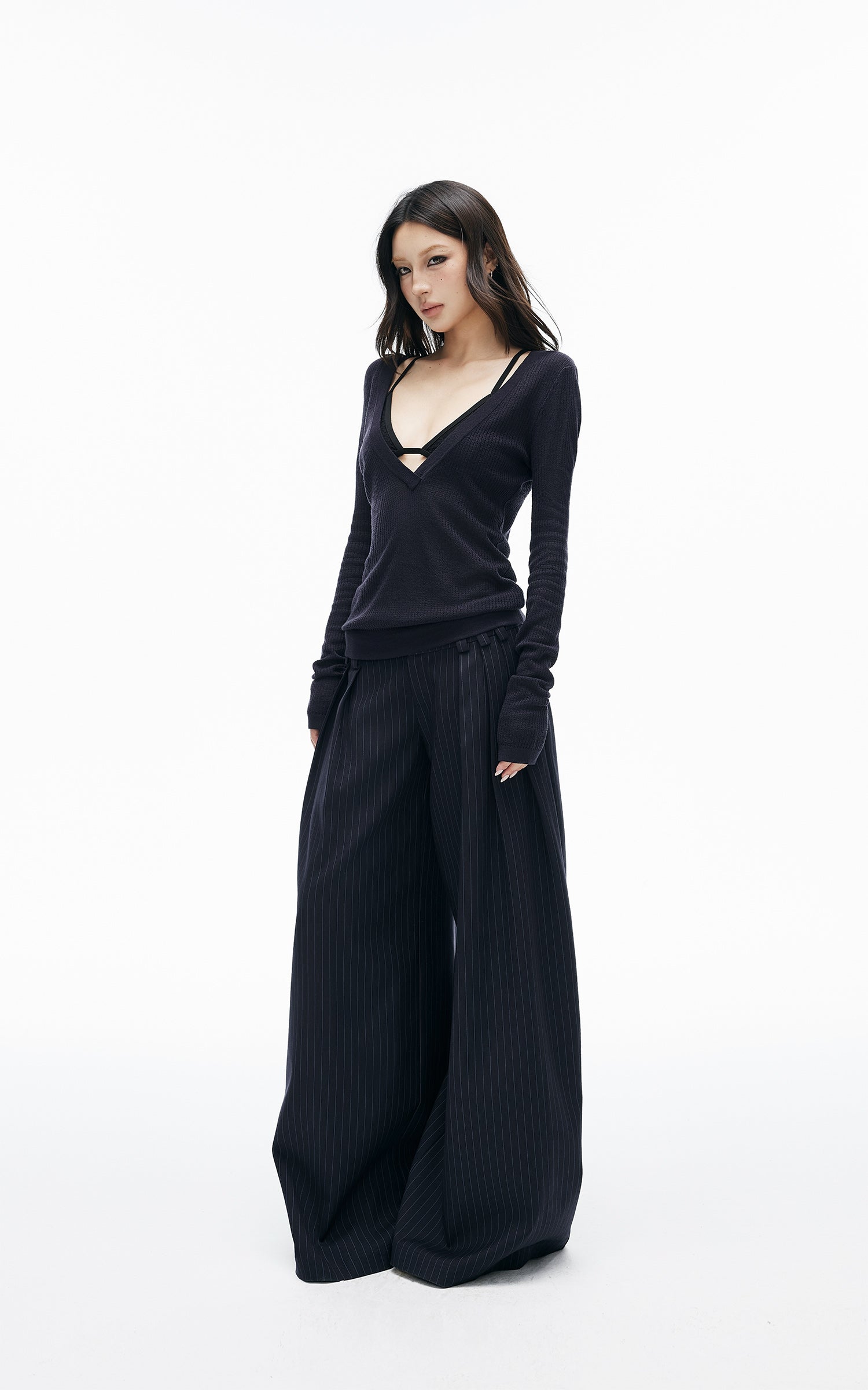 IAMXIAA Deep V-Neck Sheer Knit Sweater