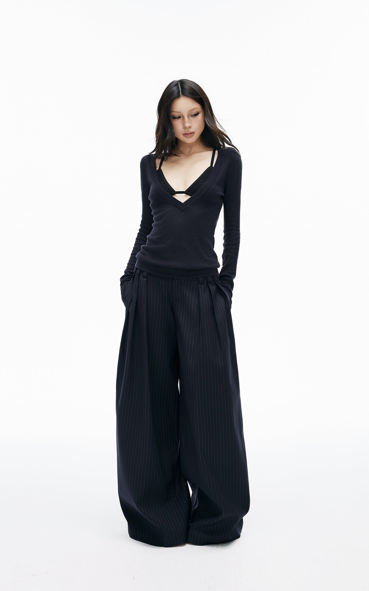 IAMXIAA Deep V-Neck Sheer Knit Sweater