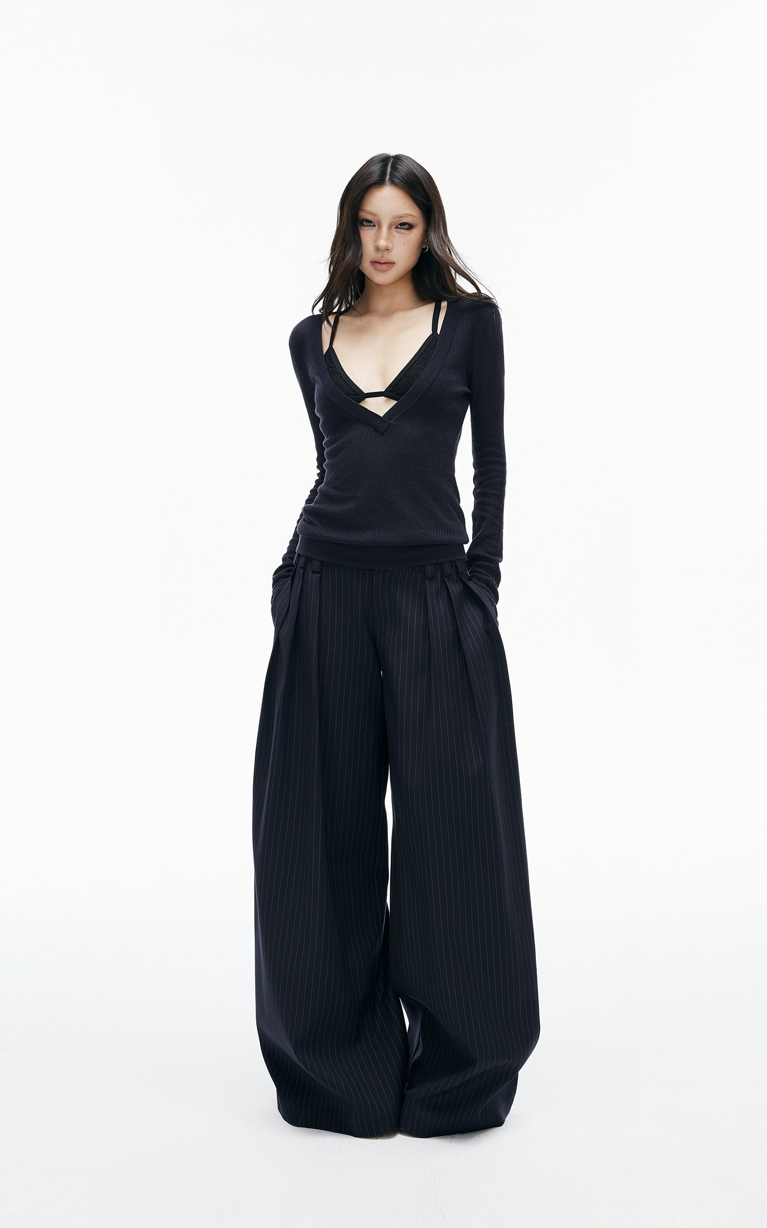 IAMXIAA Deep V-Neck Sheer Knit Sweater