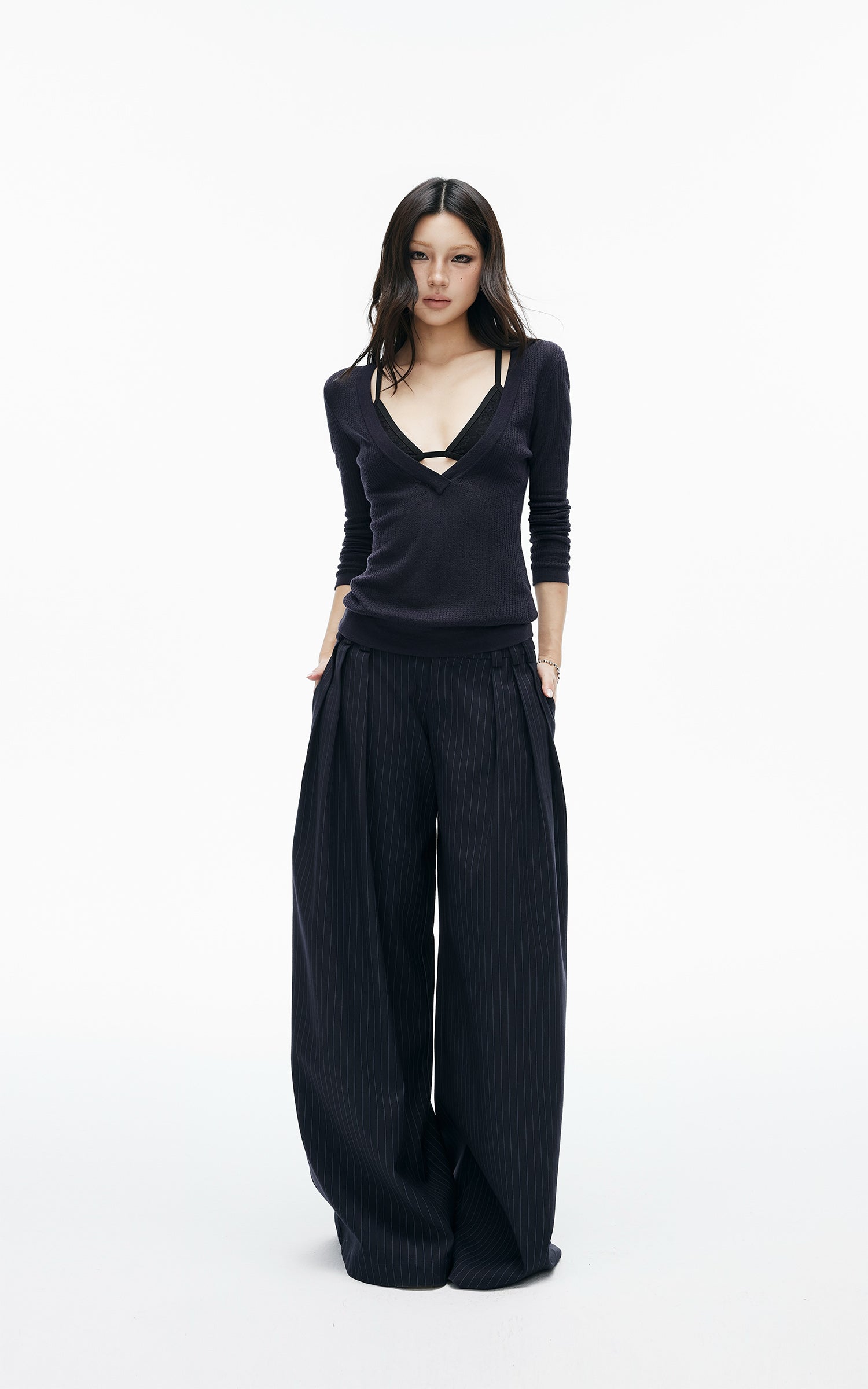 IAMXIAA Deep V-Neck Sheer Knit Sweater