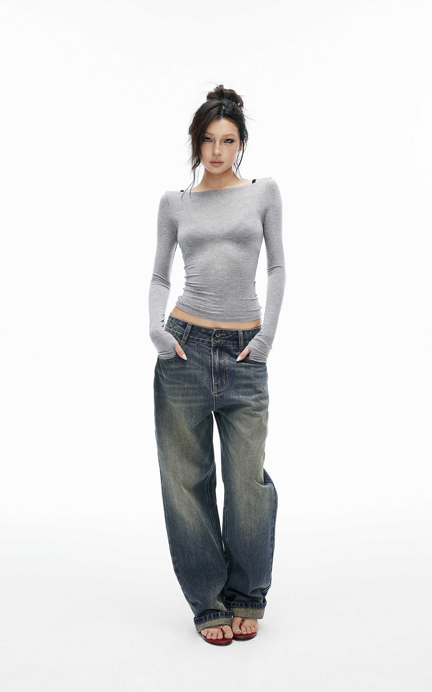 IAMXIAA Vintage Wash Grommet Baggy Jeans