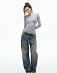IAMXIAA Vintage Wash Grommet Baggy Jeans