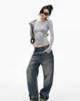 IAMXIAA Vintage Wash Grommet Baggy Jeans