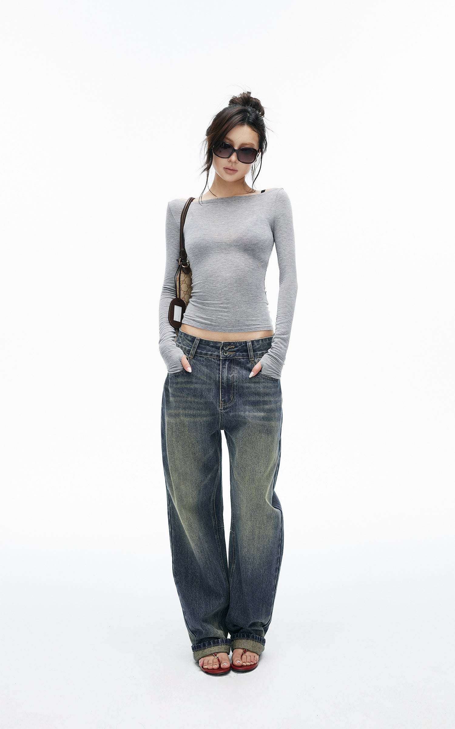 IAMXIAA Vintage Wash Grommet Baggy Jeans