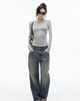 IAMXIAA Vintage Wash Grommet Baggy Jeans