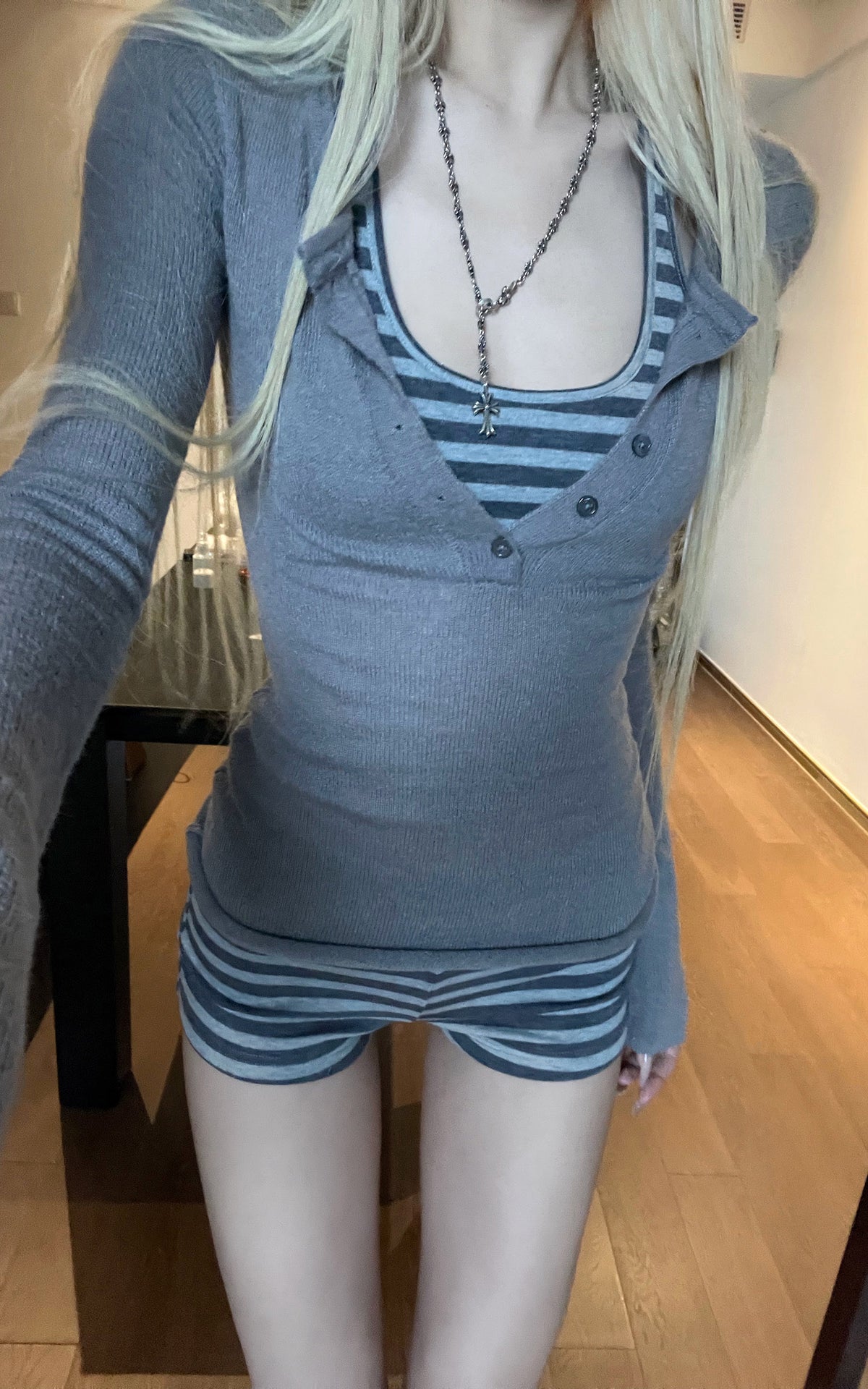 Rase le sol Layered Henley Knit Top, Racerback Tank &amp; Striped Micro Shorts Set